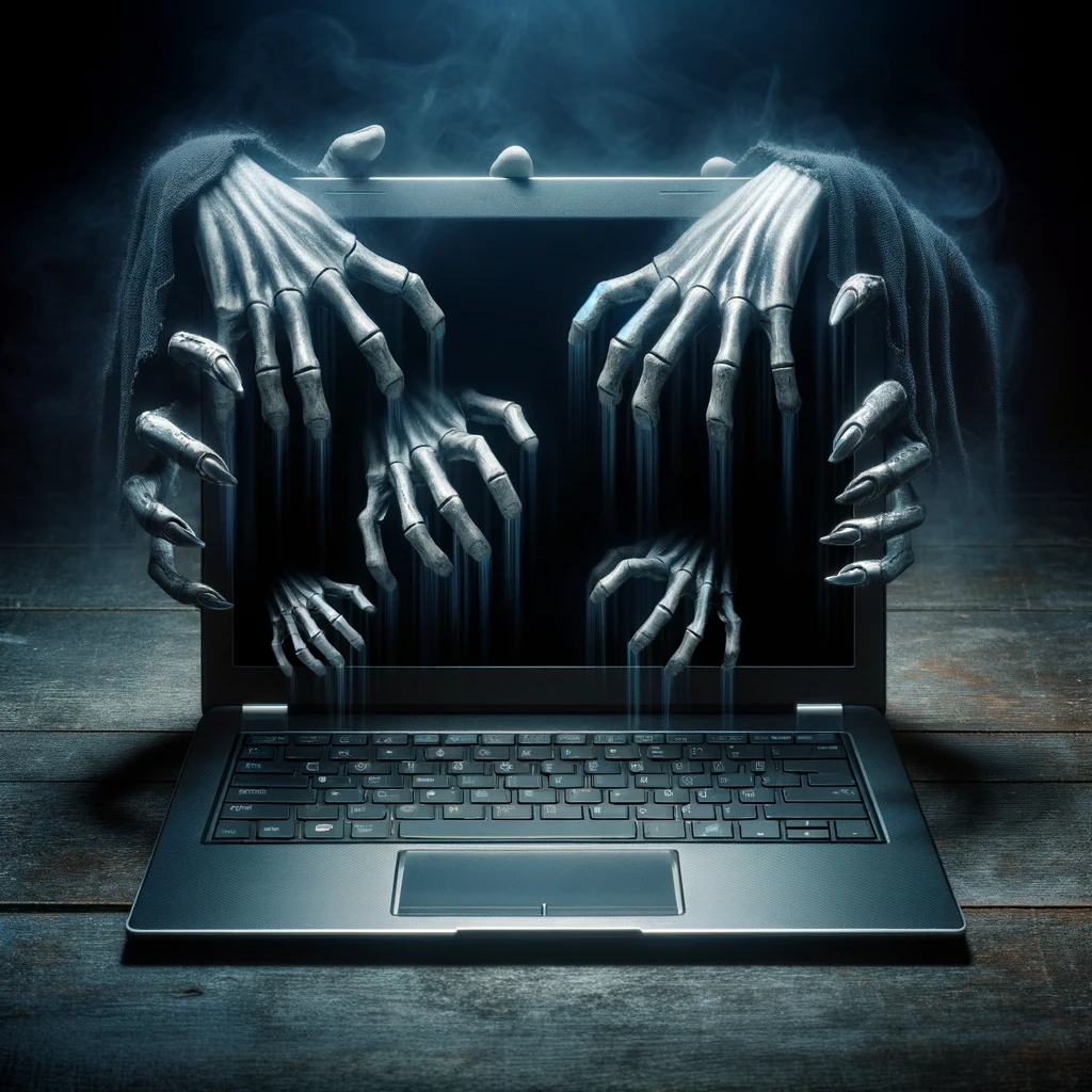 중고노트북에서 개인정보 유출의 위험성을 상징하는 유령 손이 화면 밖으로 뻗어있는 모습